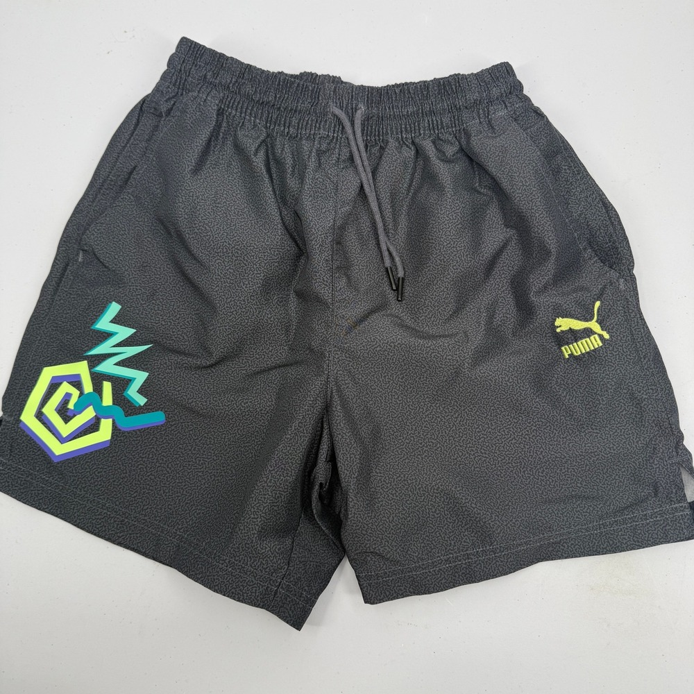 Puma Swim Trunks Mens Medium Grey Neon Graphic Board Shorts 622051-01